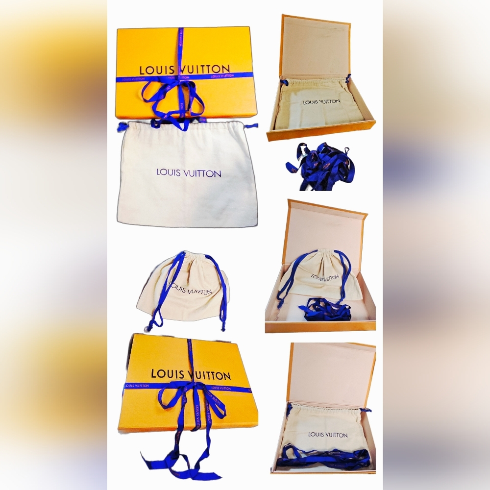 EUC Louis Vuitton Set Medium Orange Magnetic Box Drawstring Dust Bag Logo Ribbon - Picture 5 of 8